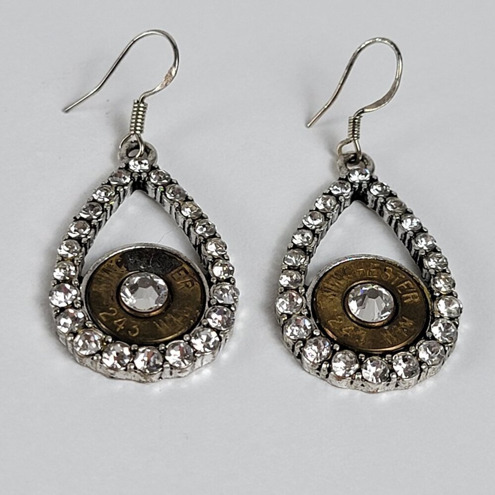 Sterling Silver And Crystal Winchester 243 Bullet Teardrop Earrings Pierced 1 In